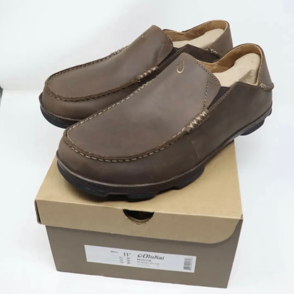 OluKai Men's Moloa Leather Slip-On Shoes - Dark Wood/Dark Java NWB 11.5